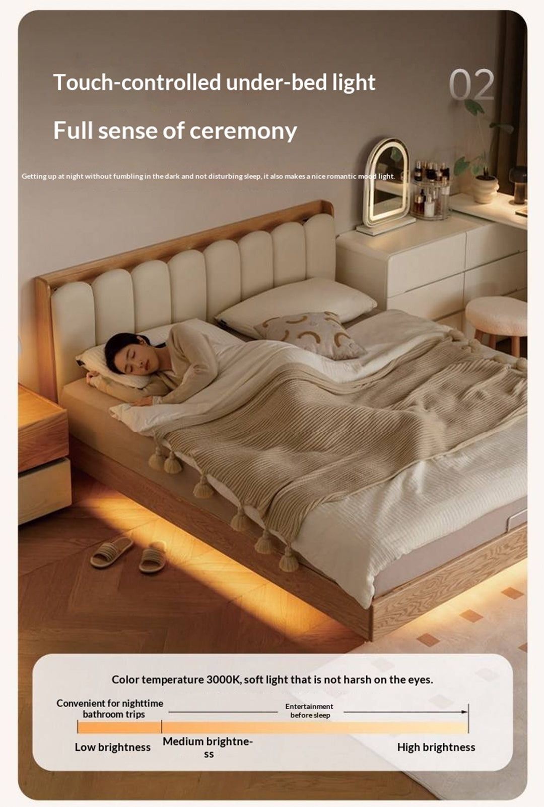 Oak Solid Wood Box Bed — Suspension and Upholstered with Genuine Leather  Piano Key Design