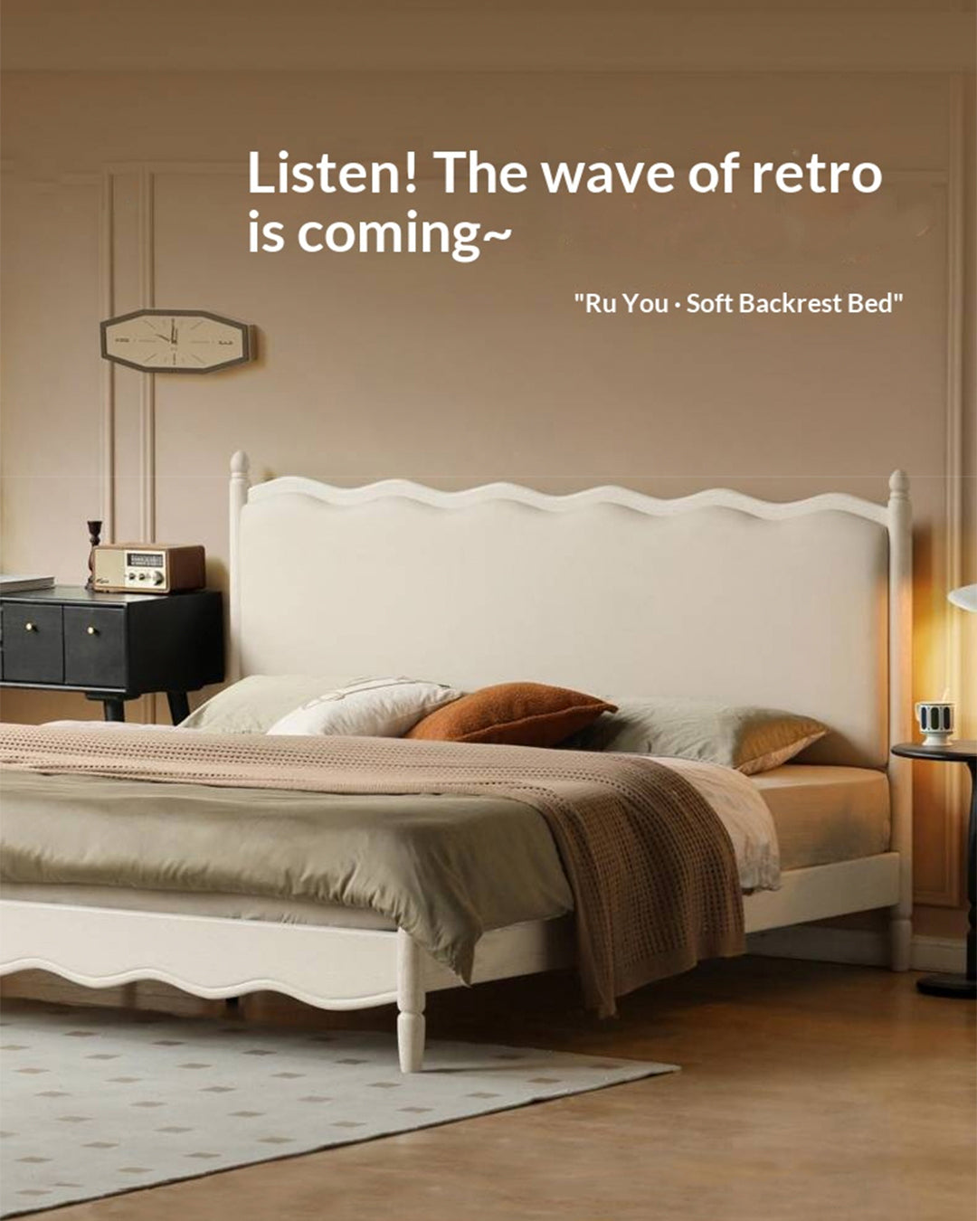 Rubberwood Solid Wood Upholstered Bed Retro Style White Bed