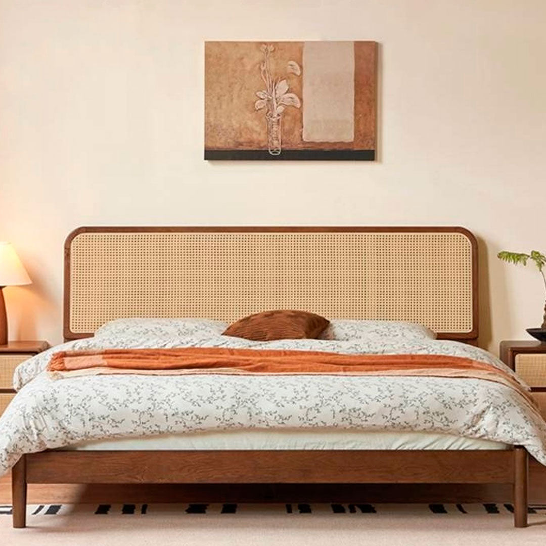 Oak Solid Wood Rattan Bed
