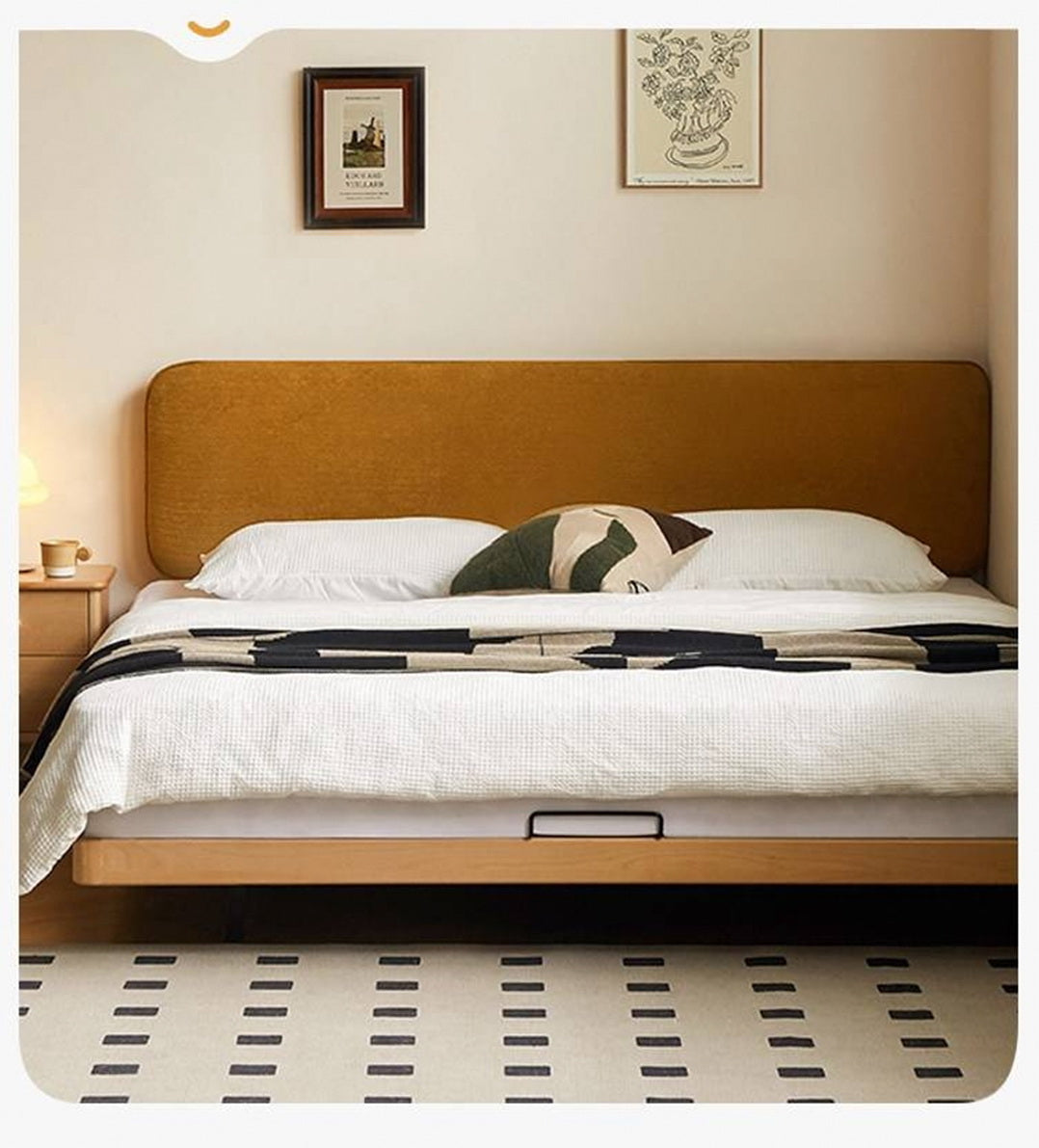 Beech Solid Wood Upholstered Bed — Retro Style with Floating Design, Luminous Light, Luxury Finish
