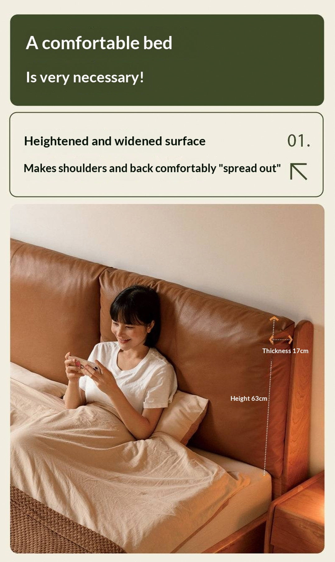 Cherry Solid Wood Bed — Retro Style with Genuine Leather Upholstery