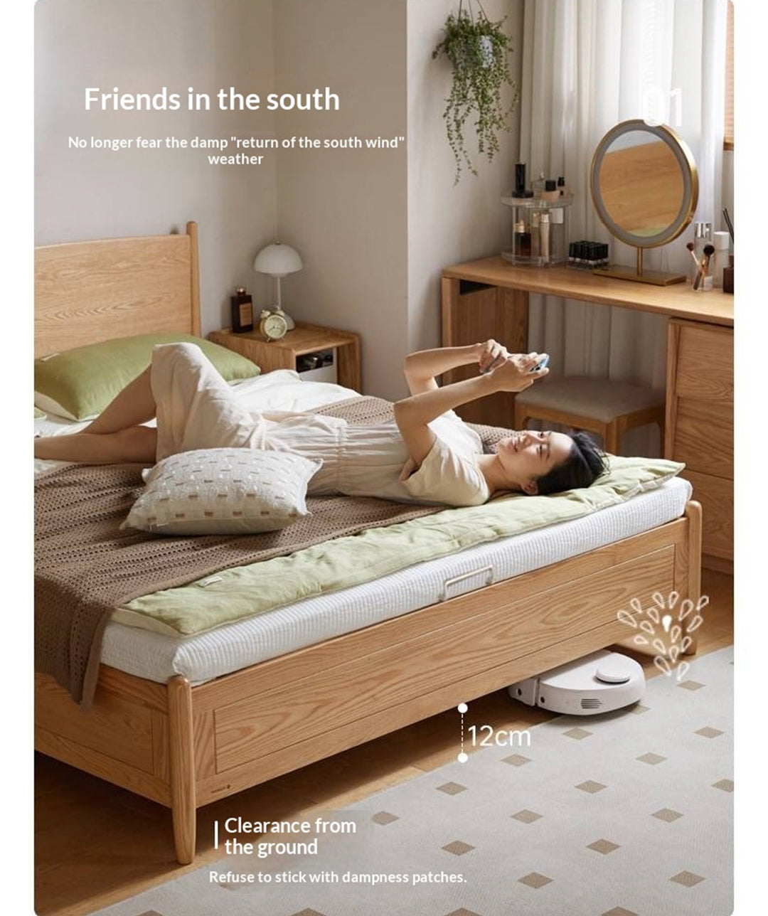 Oak Solid Wood Box Bed, Modern Minimalist