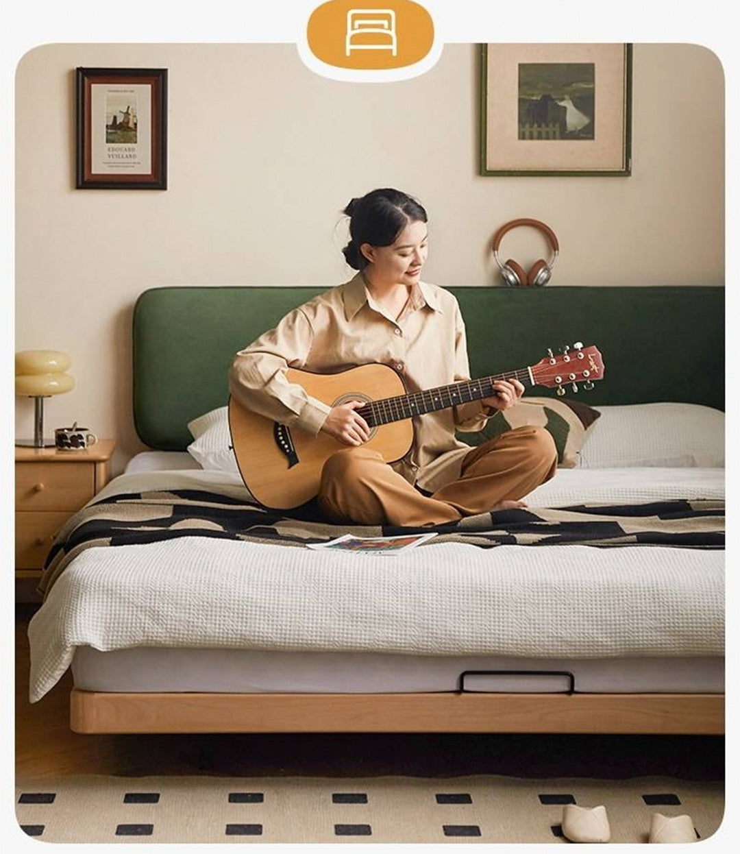 Beech Solid Wood Upholstered Bed — Retro Style with Floating Design, Luminous Light, Luxury Finish