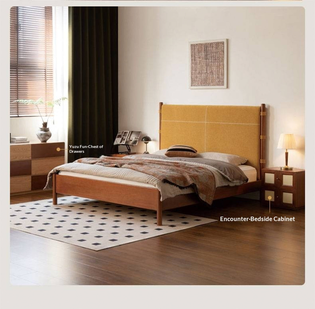 Poplar Solid Wood Bed with Vintage High Backrest and Soft Upholstery
