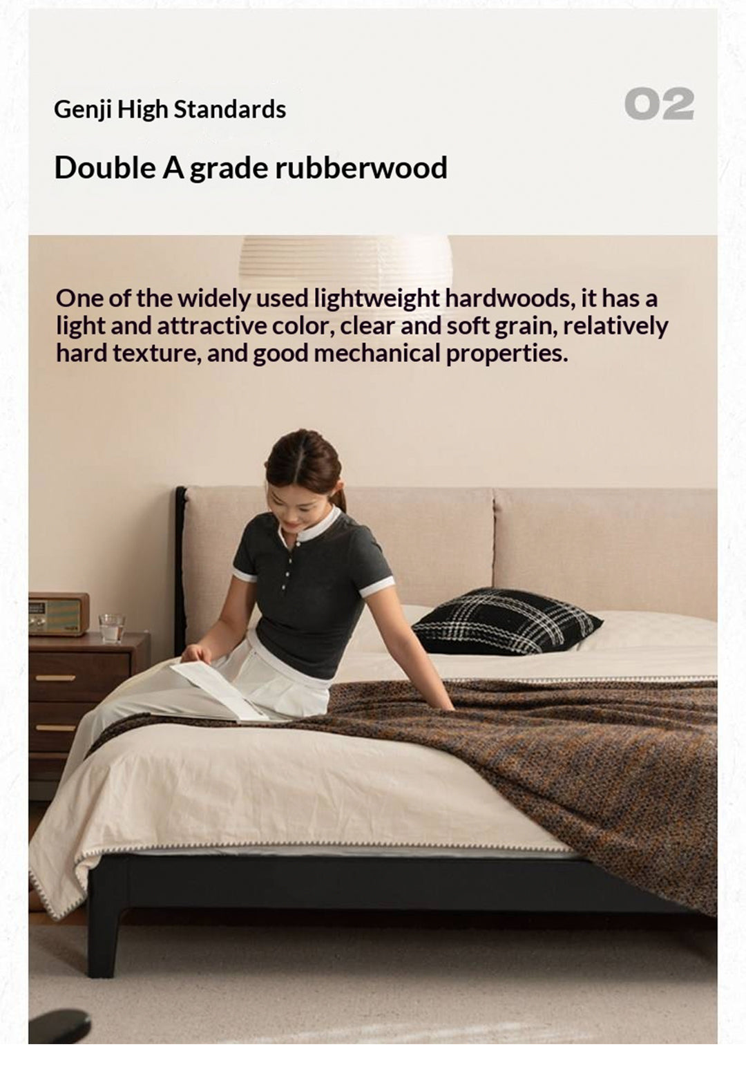 Rubberwood Solid Wood Bed — Modern Minimalist Design with Upholstered Genuine Leather