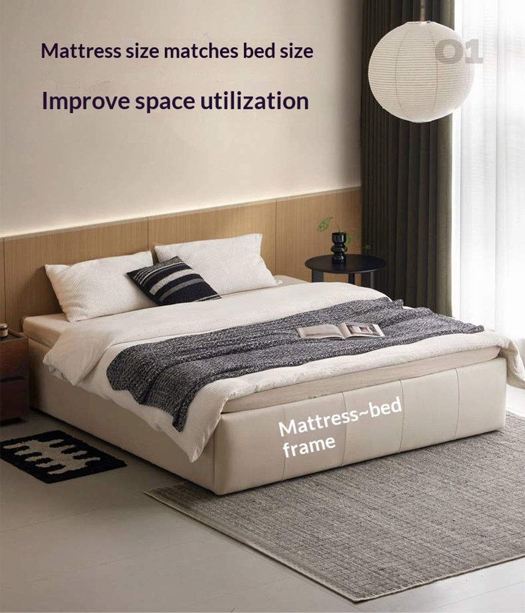 Genuine Leather Luxury Platform Box Bed, Headboard-Free Bed