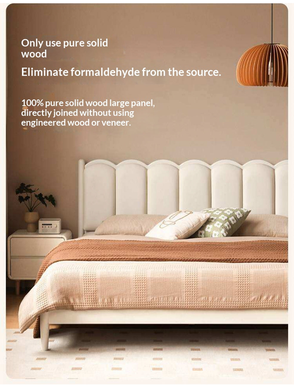 Rubberwood Solid Wood Upholstered Bed with Scalloped Headboard, French Cream Style