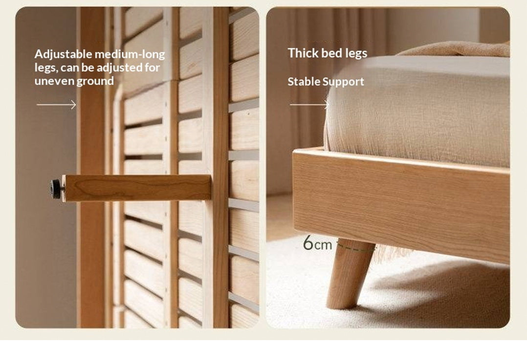 Cherry Solid Wood Bed — Retro Style with Genuine Leather Upholstery