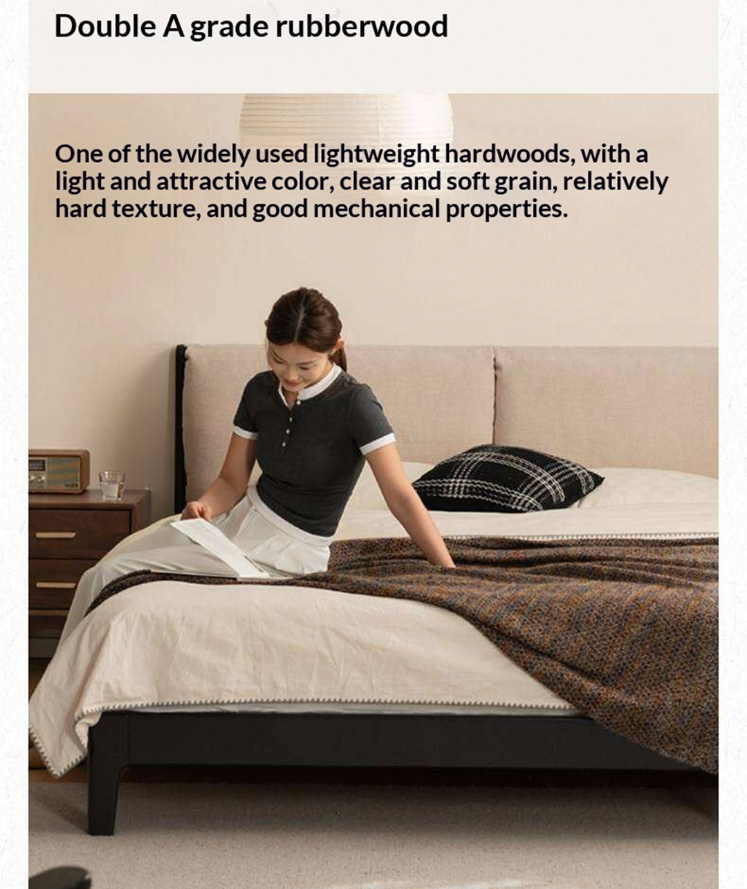 Rubberwood Solid Wood Genuine leather, Fabrics Simple Soft Double Bed
