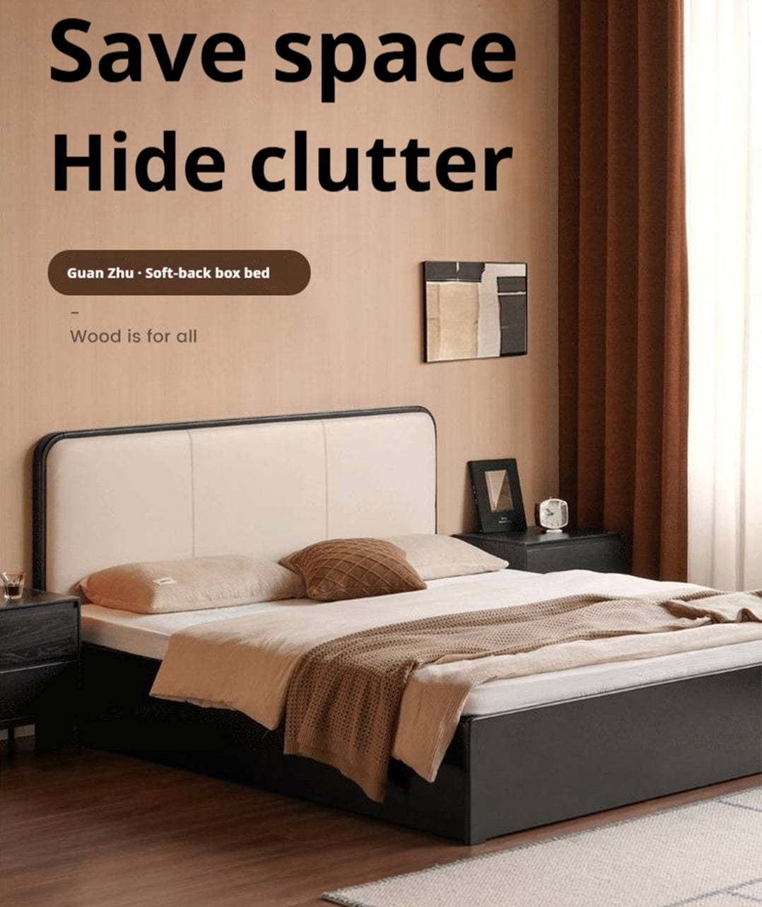 Rubberwood Solid Wood Box Bed — Modern Minimalist Black Upholstered Bed with Storage and Genuine Leather