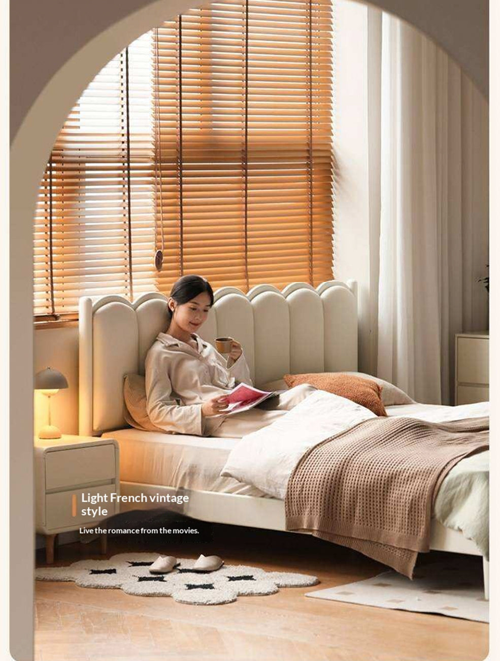 Rubberwood Solid Wood Upholstered Bed with Scalloped Headboard, French Cream Style