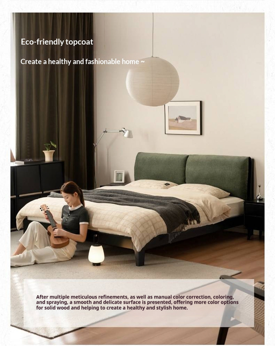 Rubberwood Solid Wood Bed — Modern Minimalist Design with Upholstered Genuine Leather