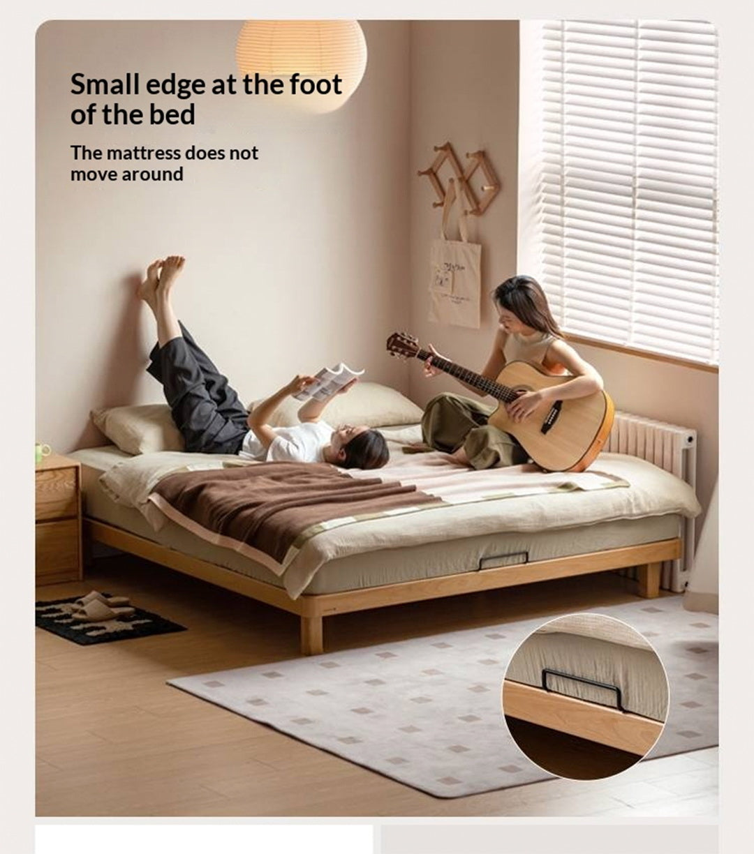 Beech, Rubberwood Solid Wood Platform Bed, Headboard-Free Bed with Flat Edge