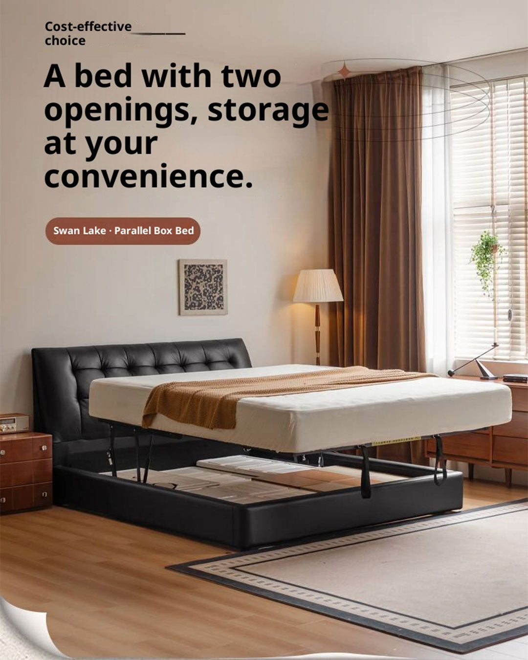 Genuine Leather Black Light Luxury Soft Box Bed