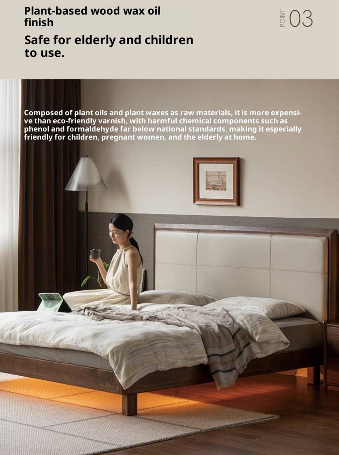 Black Walnut, Oak Solid Wood Italian Light Luxury Genuine Leather Soft Headboard Luminous Bed