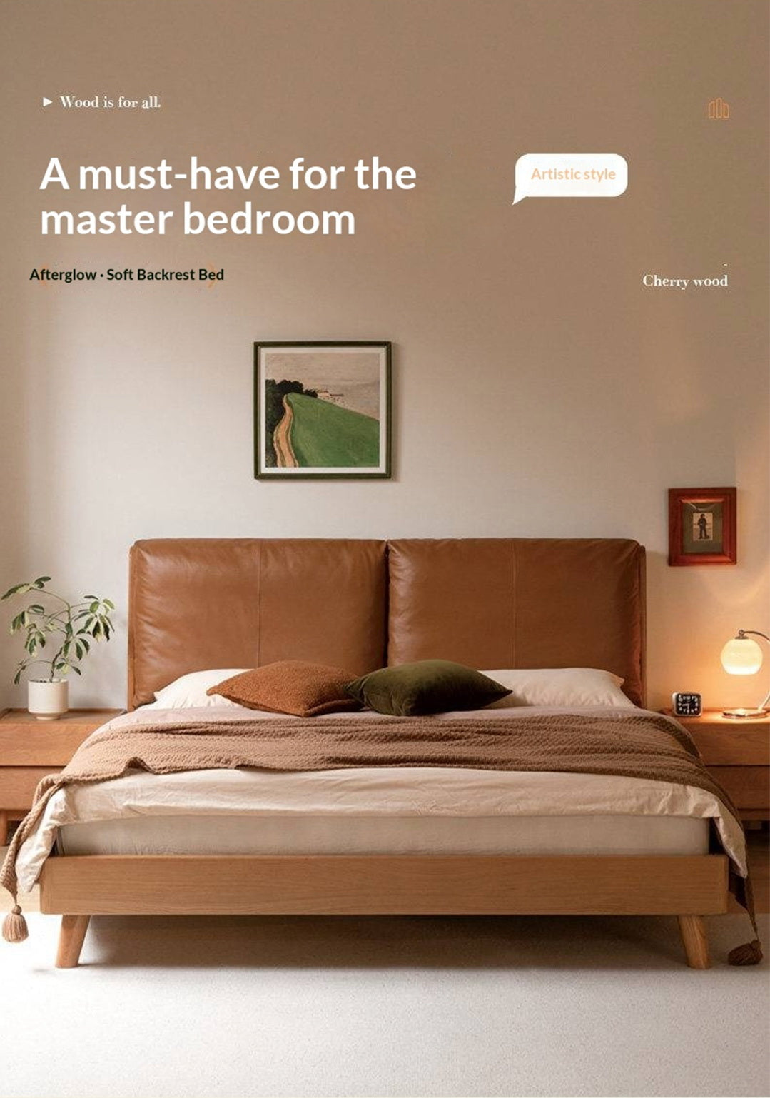 Cherry Solid Wood Bed — Retro Style with Genuine Leather Upholstery