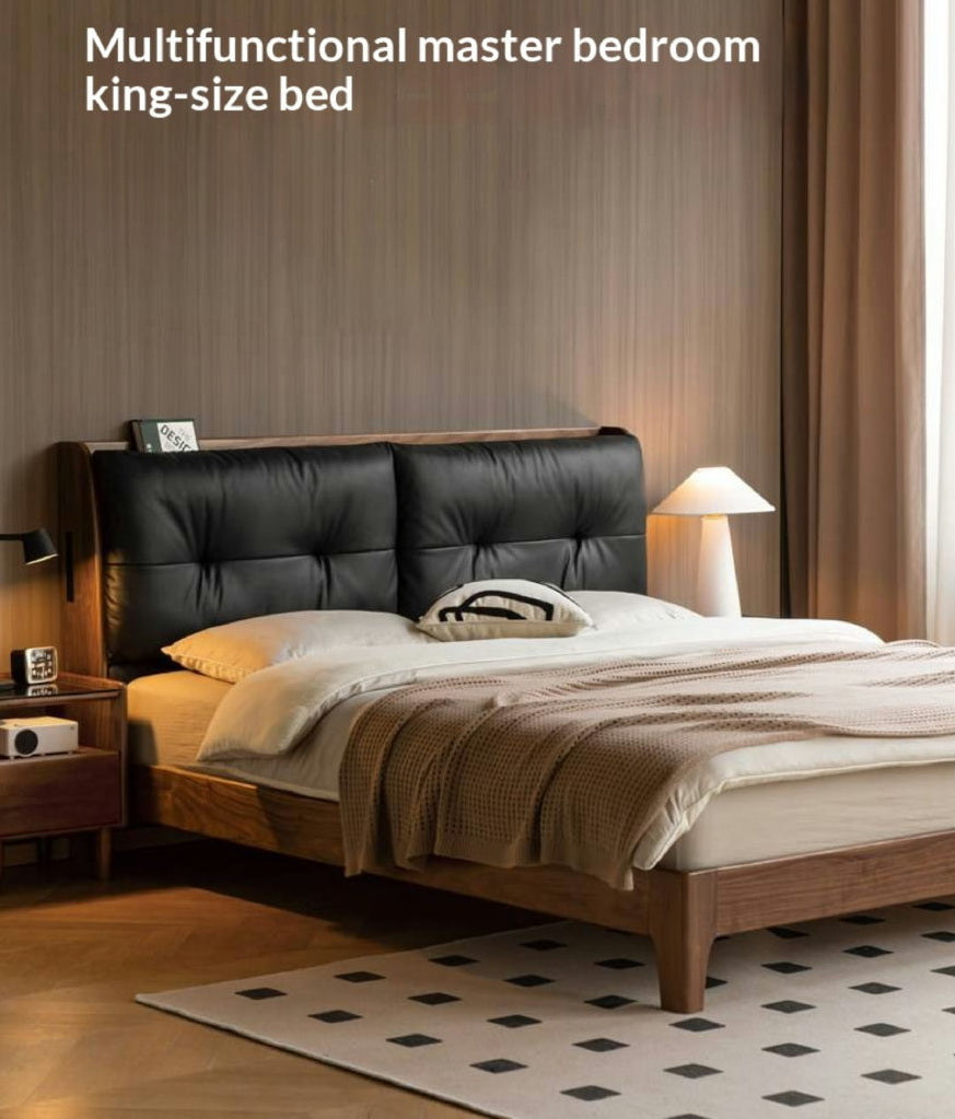 Black Walnut, Sandalwood Solid Wood Bed — Genuine Leather Upholstered, Simple Luxury Design