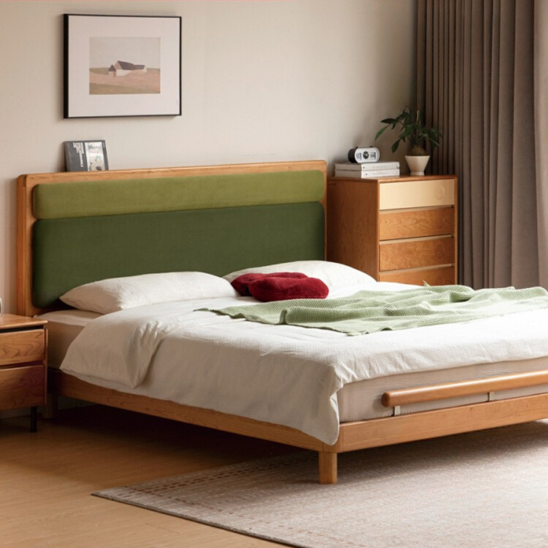 Cherry Solid Wood Fabric Soft Backrest Bed Modern Minimalist