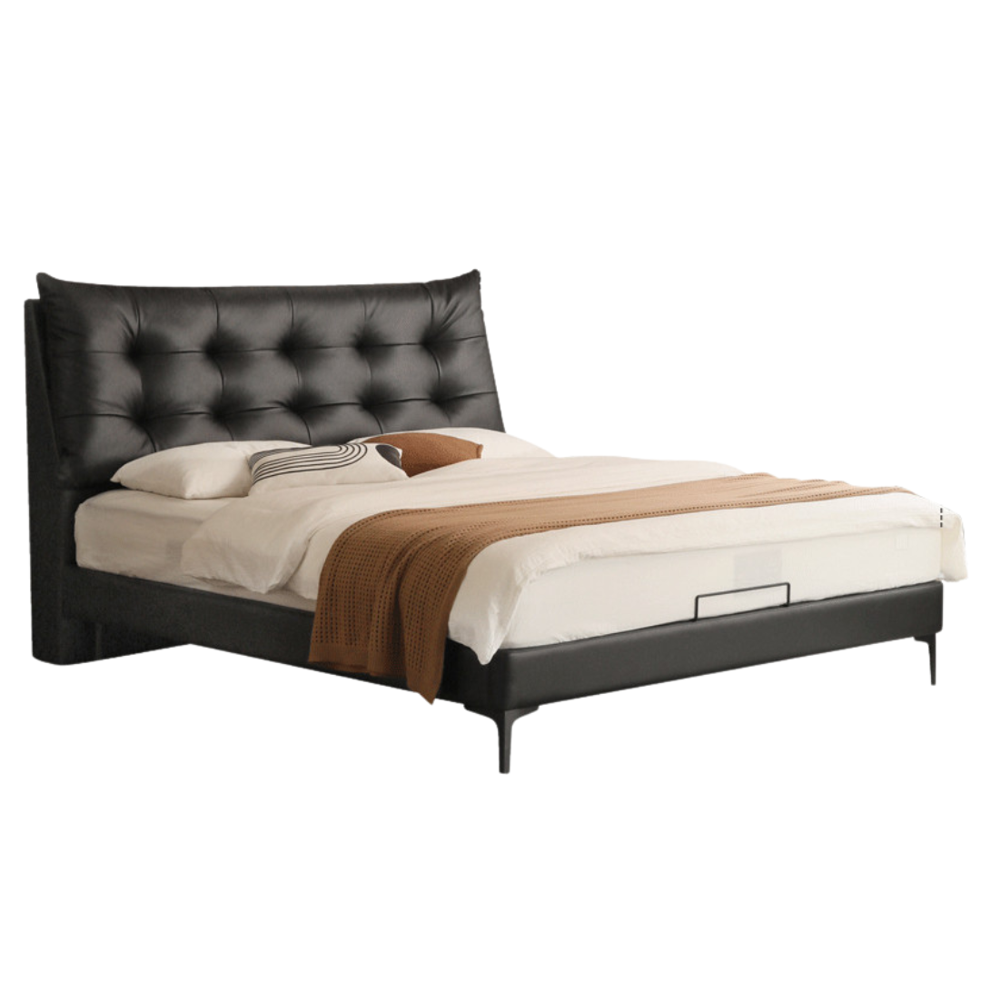 Genuine Leather Upholstered Double Bed in Solid Wood Frame