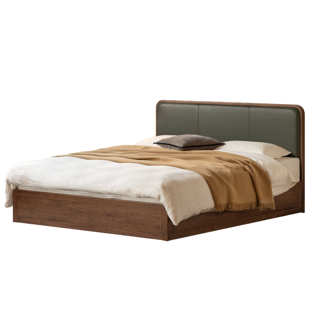 Black Walnut, Beech Solid Wood Retro Upholstered Large Bed