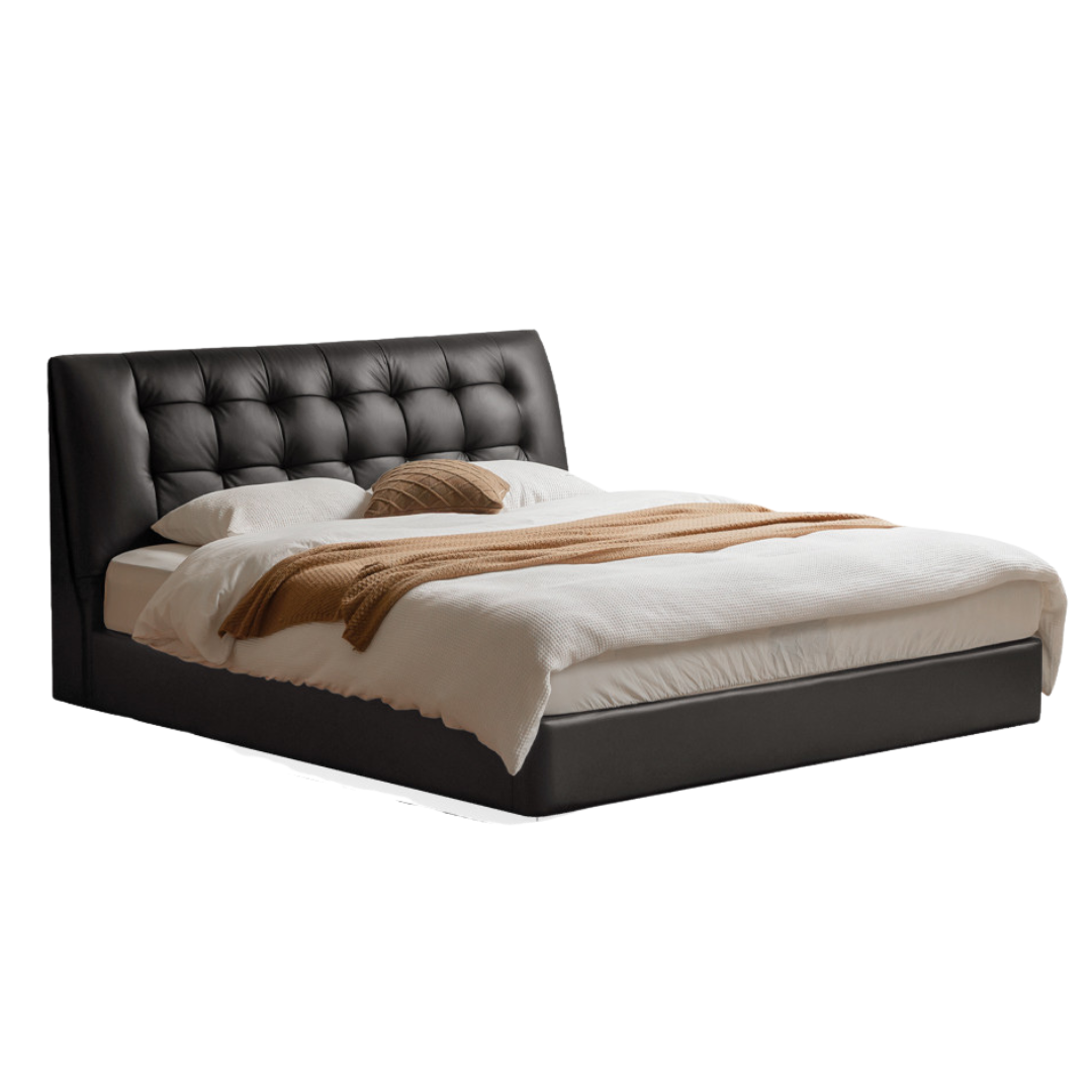 Genuine Leather Black Light Luxury Soft Box Bed