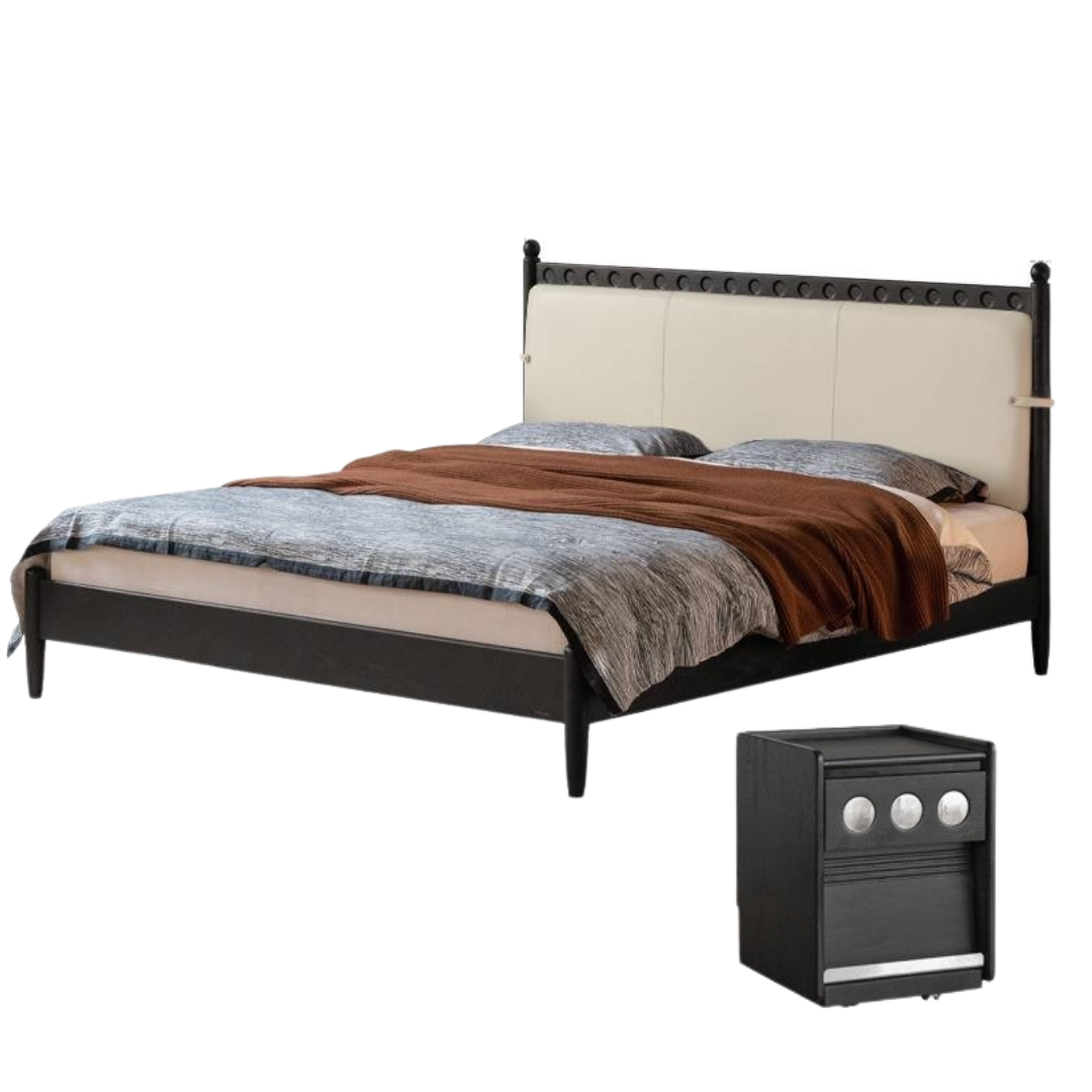 Ash Solid Wood Bed – Bauhaus Style with Soft Leather Upholstery