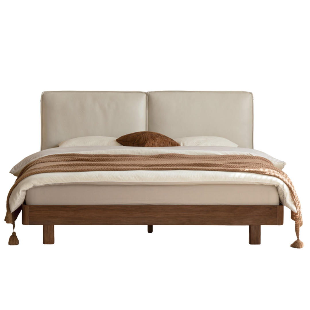 Teak, Black Walnut Solid Wood Genuine Leather Suspended Bed with Light