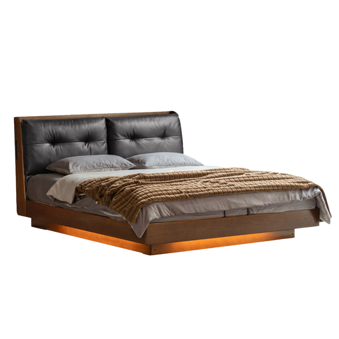 Oak Solid Wood Luxury Genuine Leather Box Bed