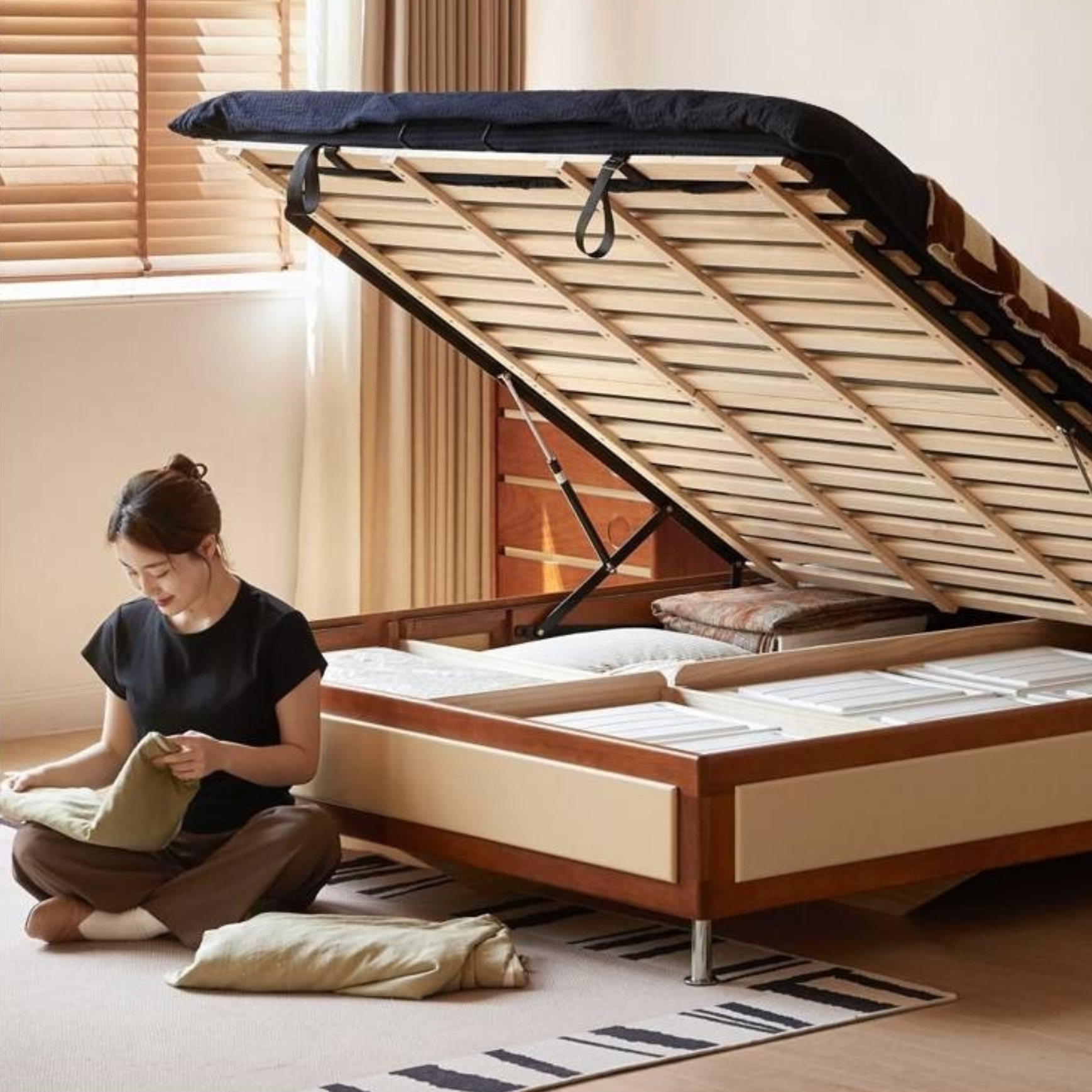 Poplar Solid Wood Bauhaus Style Platform Bed, Headboard-Free Bed