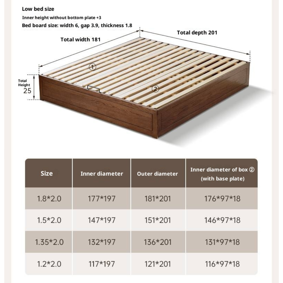 Oak, Rubberwood Solid Wood Platform Box Bed, Headboard-Free Bed Modern Minimalist