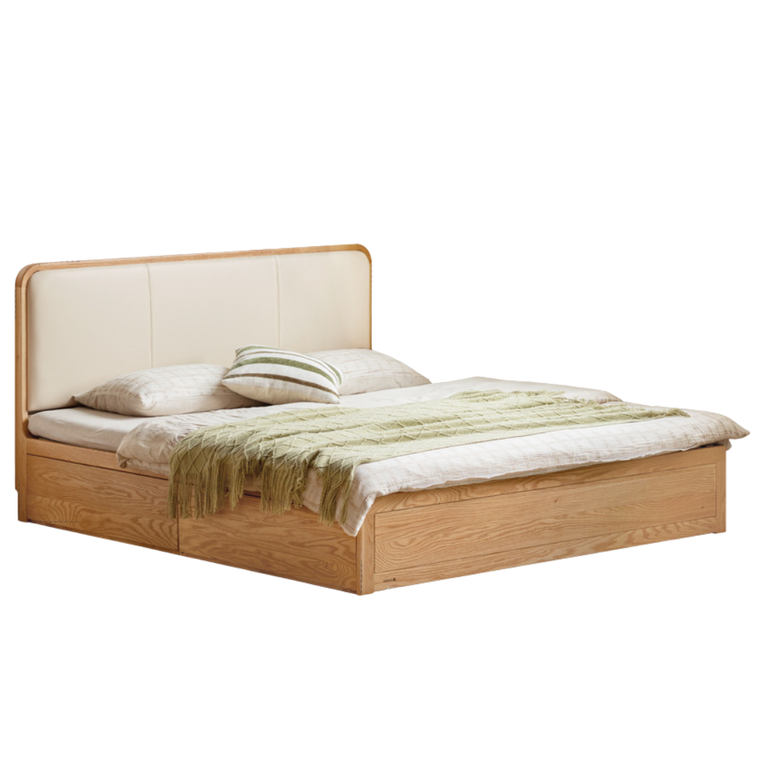 Oak Solid Wood Genuine Leather,  Eco-leather Box Bed