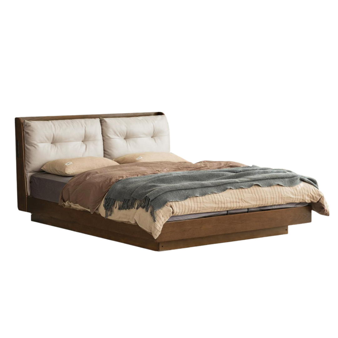 Oak Solid Wood Luxury Genuine Leather Box Bed