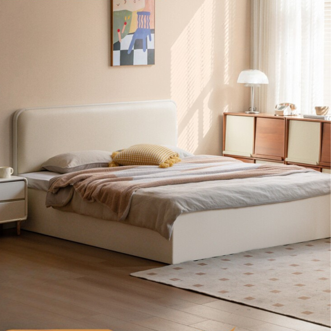 Rubberwood Solid Wood Bed Modern Minimalist Box Bed White Cream Style
