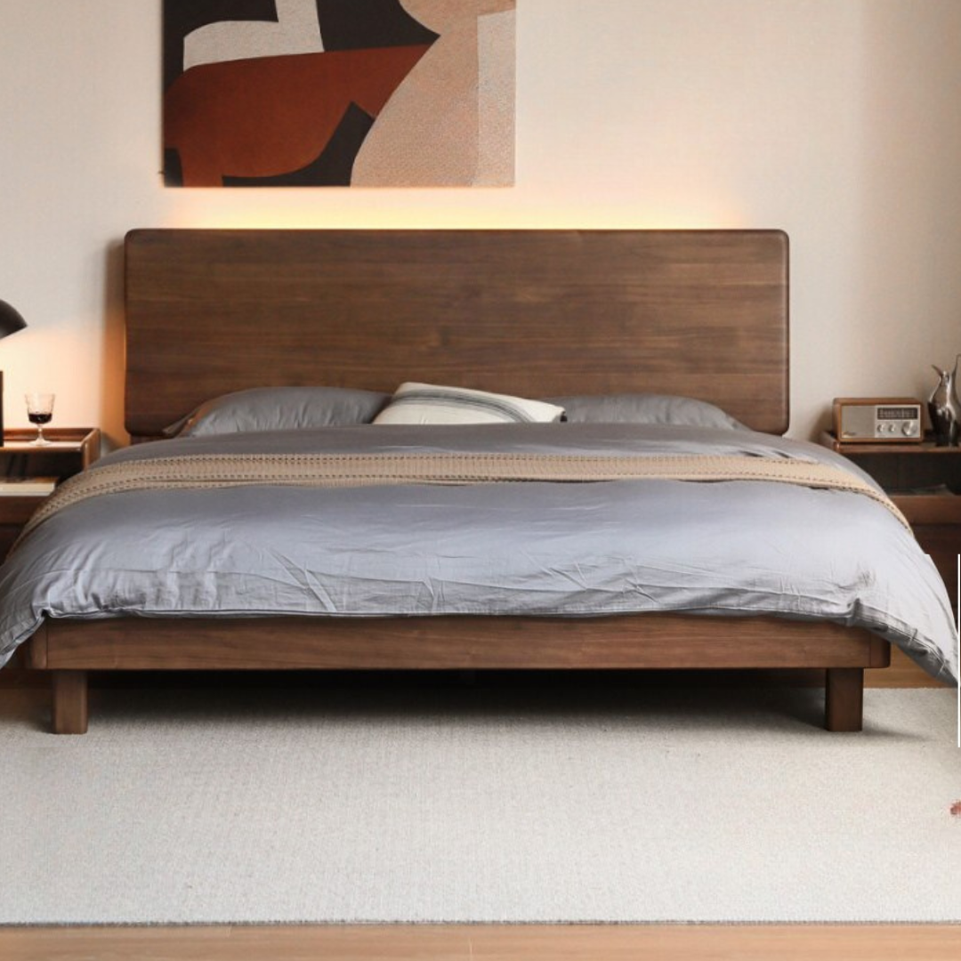Black Walnut, Teak Solid Wood Bed with High Headboard