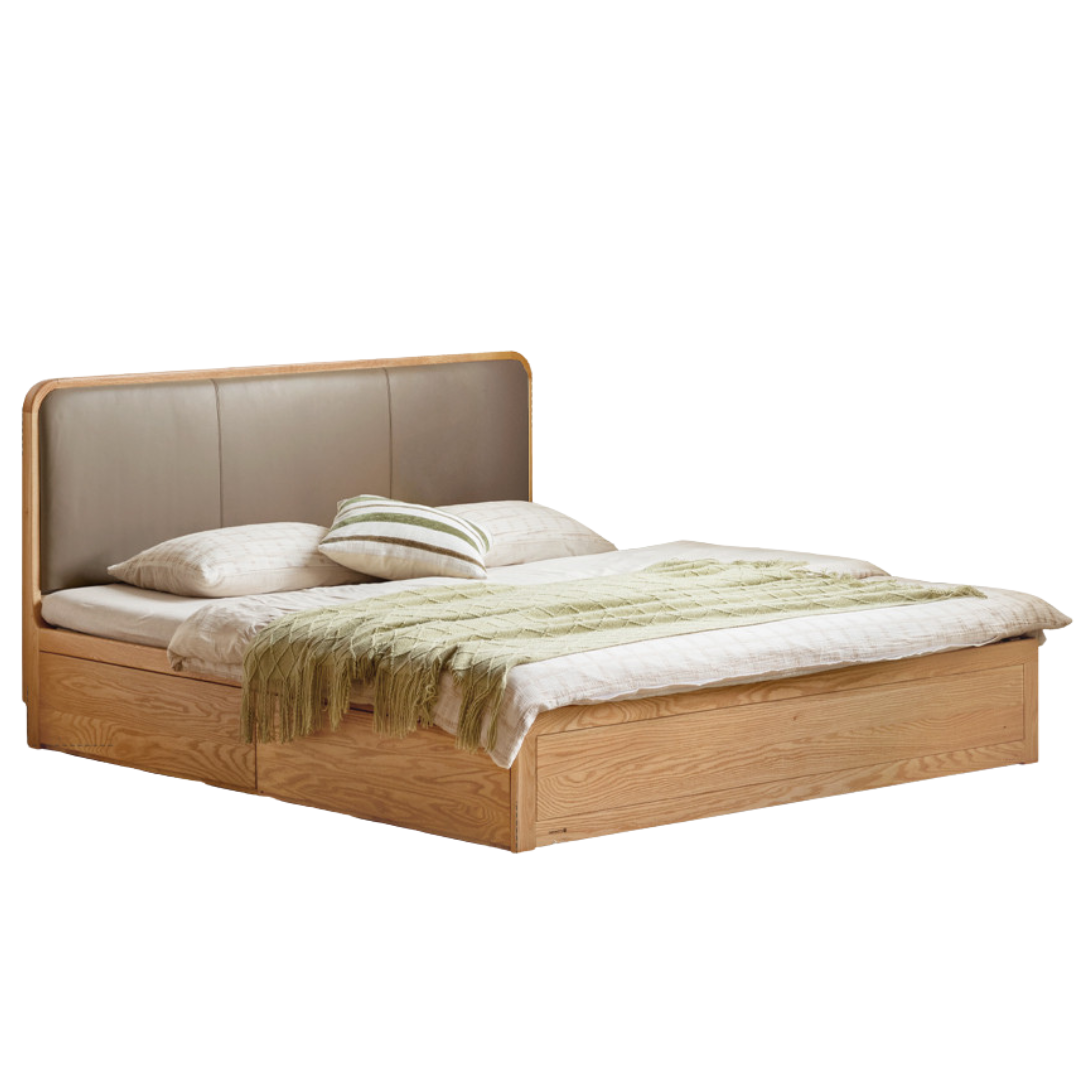 Oak Solid Wood Genuine Leather,  Eco-leather Box Bed