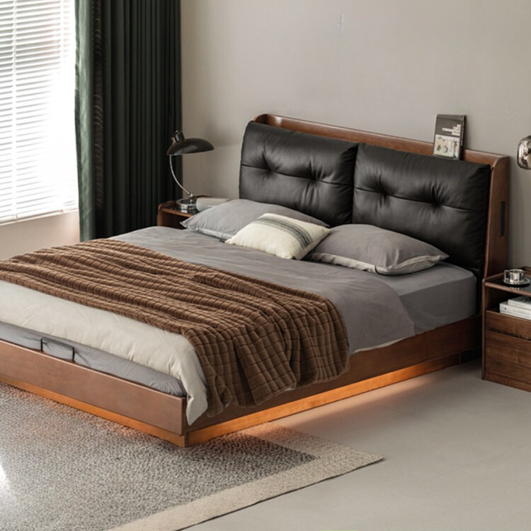Oak Solid Wood Luxury Genuine Leather Box Bed