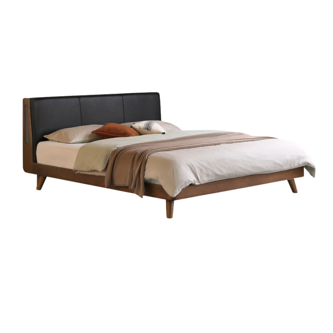 Black Walnut Solid Wood Genuine Leather Upholstered Bed