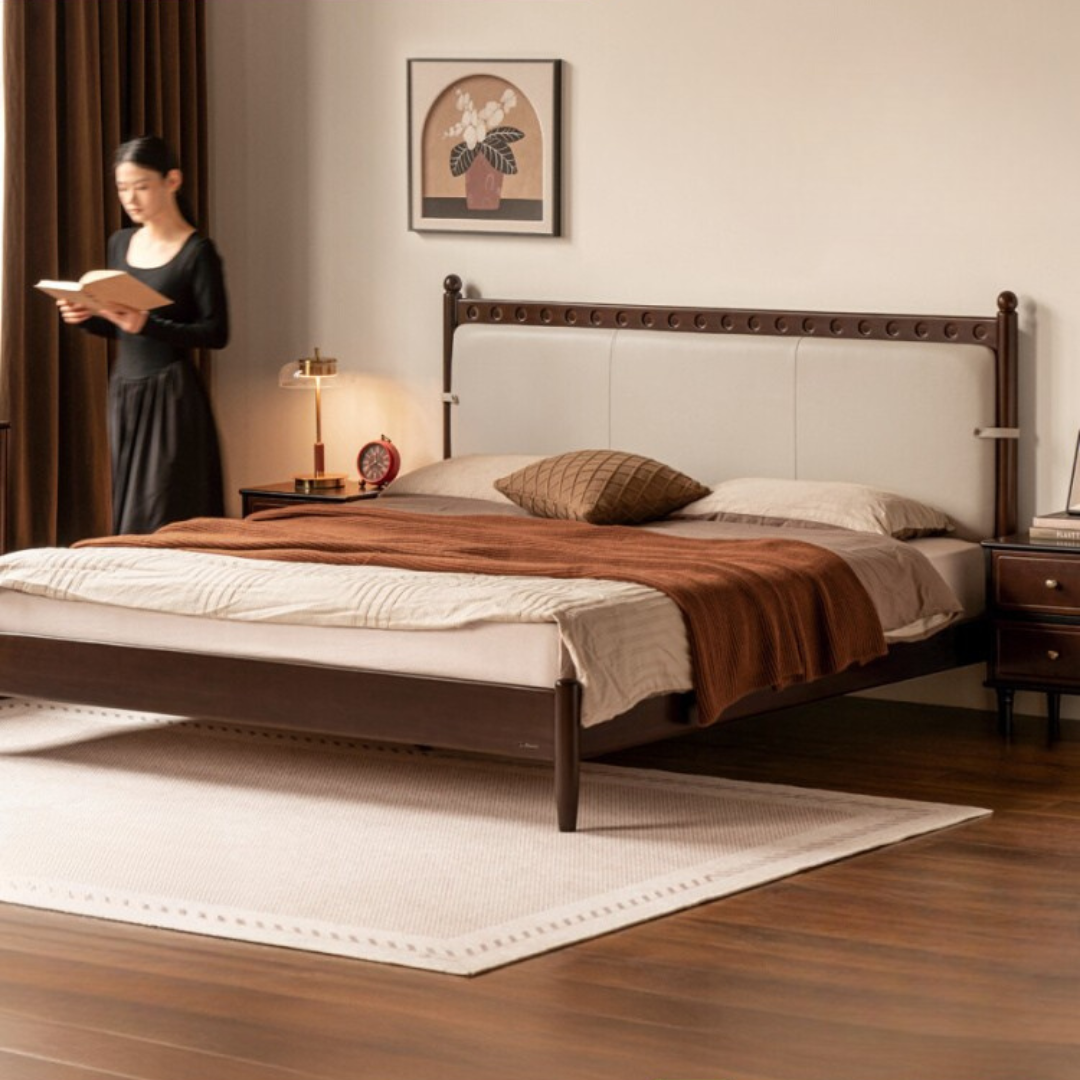 Poplar Solid Wood Genuine Leather Soft Backrest Bed Retro Vintage