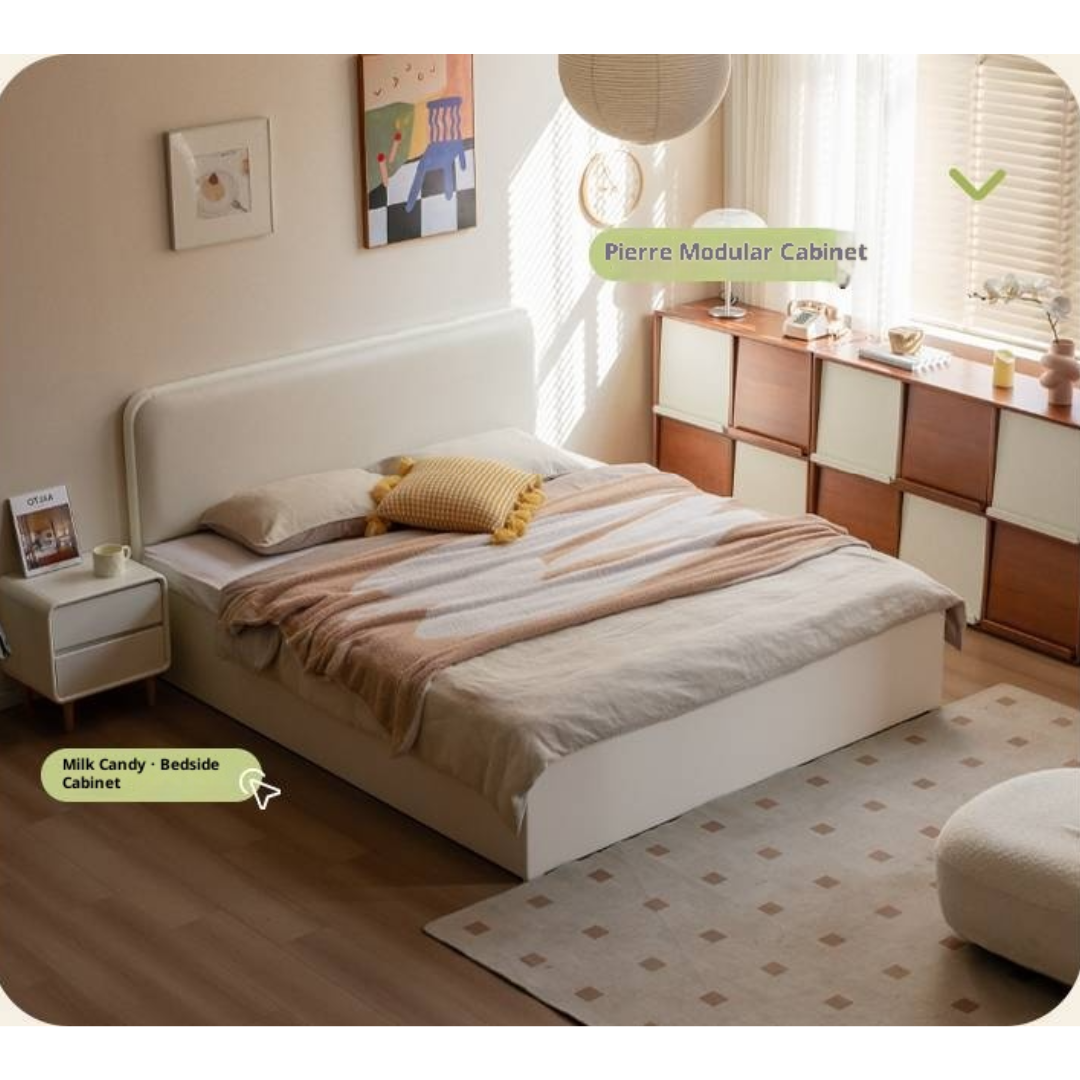 Rubberwood Solid Wood Bed Modern Minimalist Box Bed White Cream Style
