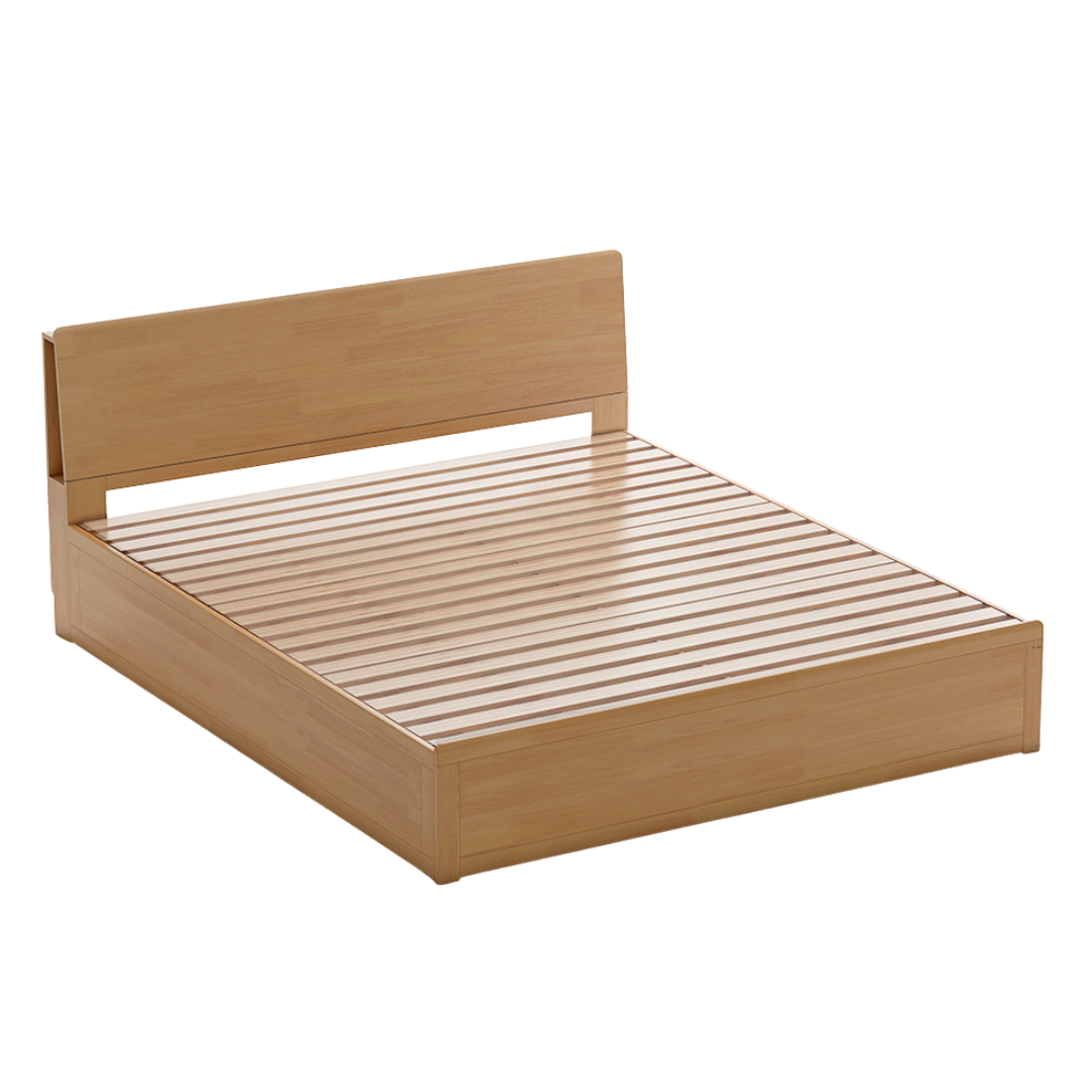Oak, Rubberwood Solid Wood Box Bed with Light and Bookshelf