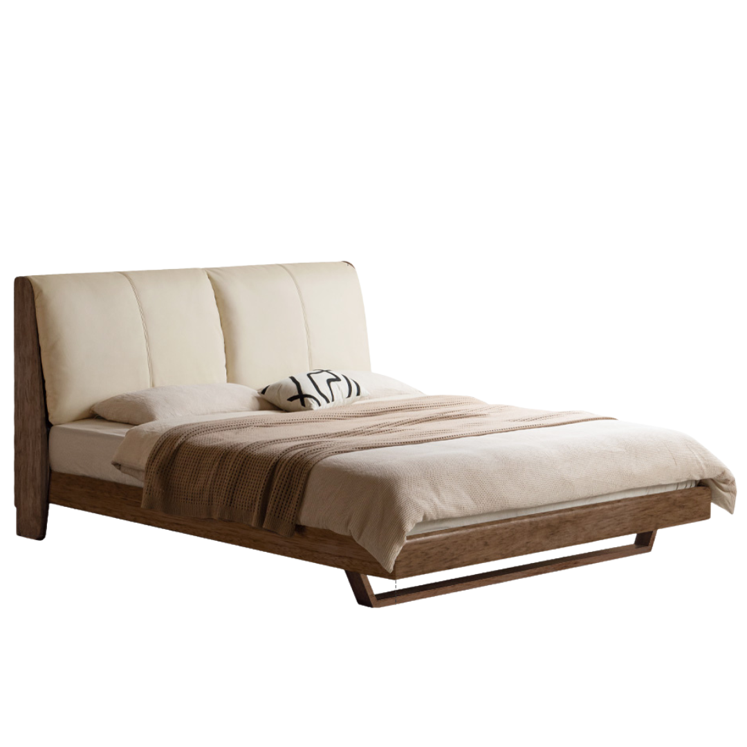 Teak, Black Walnut Solid Wood Genuine Leather Soft Bed Italian Light Luxury