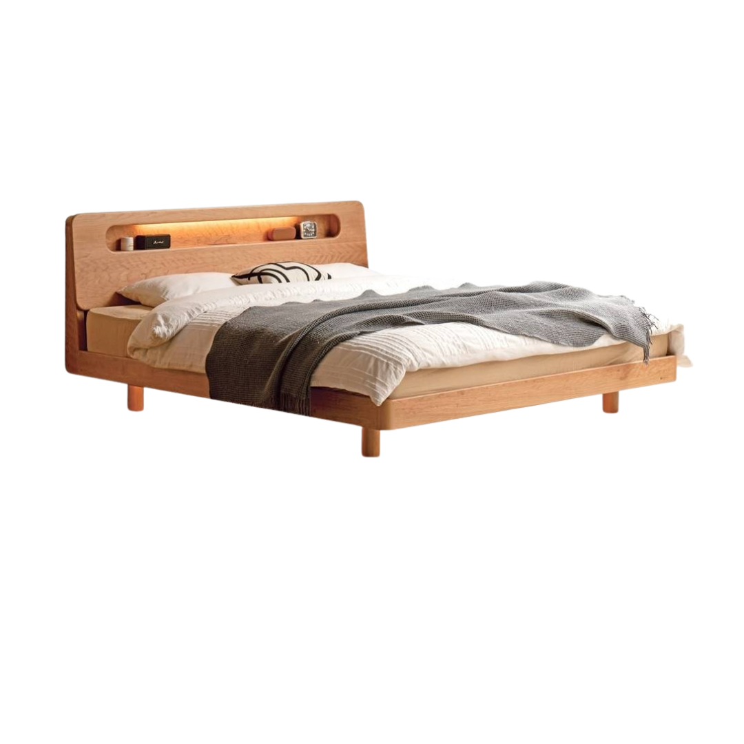 Cherry Solid Wood Retro with Socket Night Light Bed