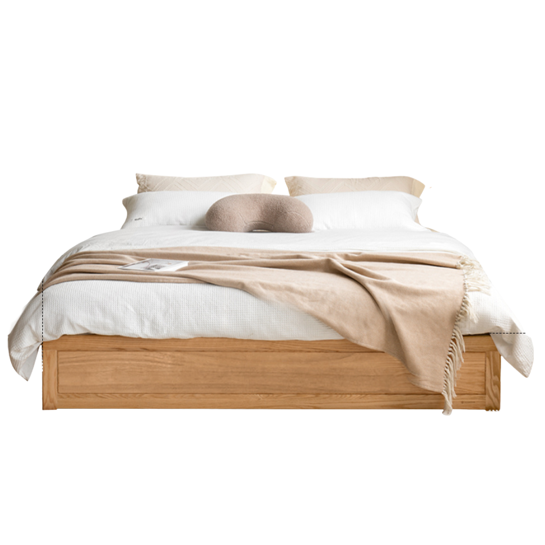 Oak, Rubberwood Solid Wood Platform Box Bed, Headboard-Free Bed Modern Minimalist