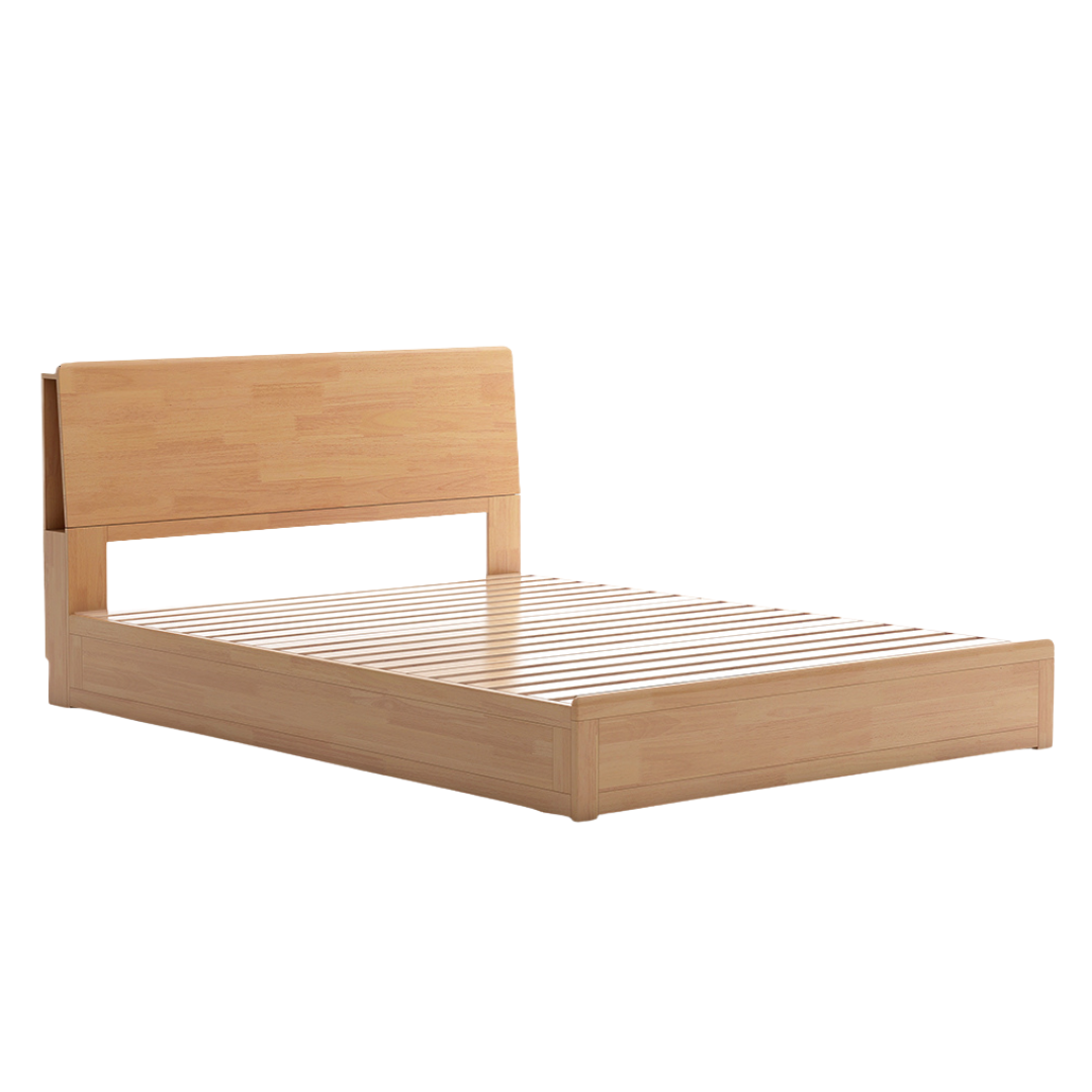 Oak, Rubberwood Solid Wood Box Bed with Light and Bookshelf