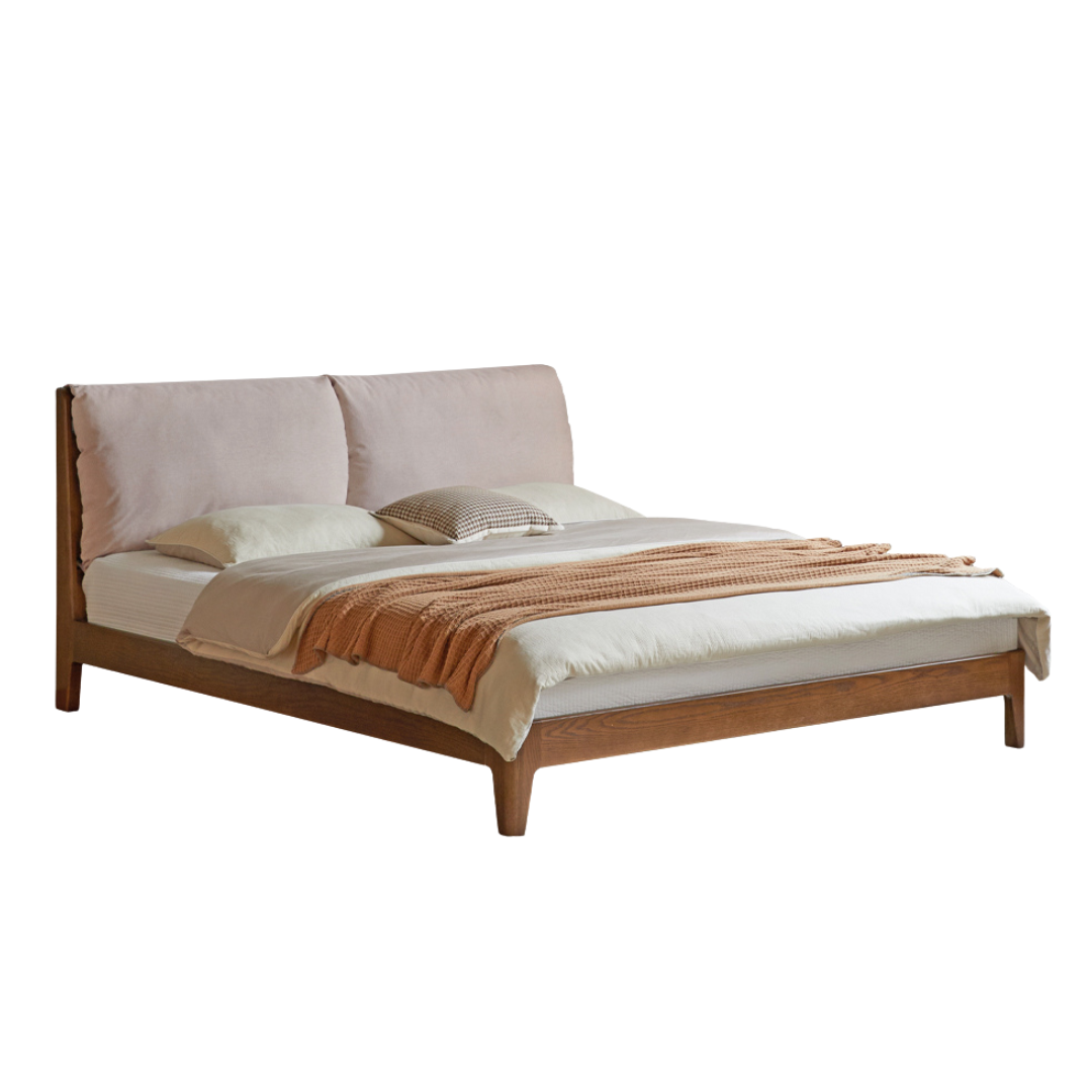 Oak Solid Wood Simple Fabric Soft Package Bed