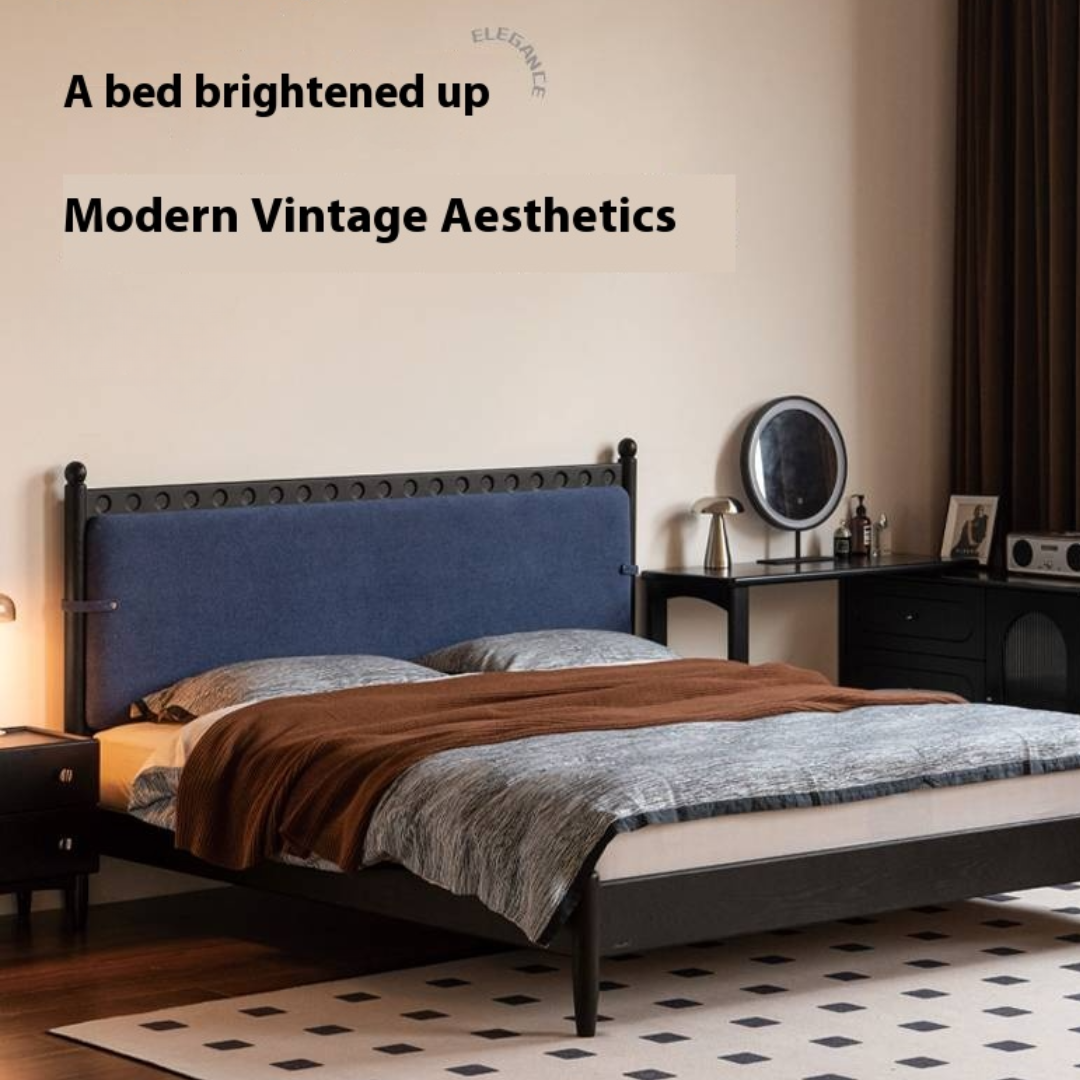 Ash Solid Wood Bed – Bauhaus Style with Soft Leather Upholstery