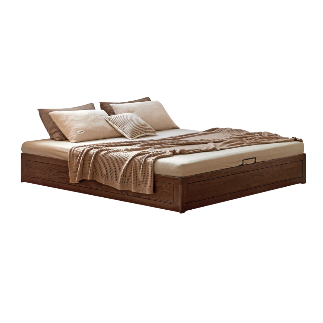 Oak, Rubberwood Solid Wood Platform Box Bed, Headboard-Free Bed Modern Minimalist