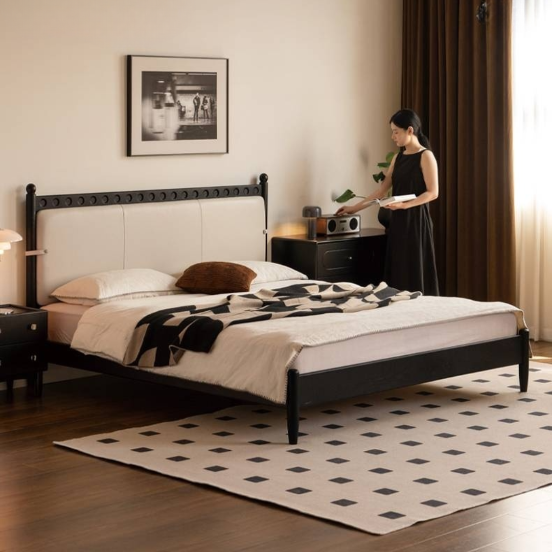 Ash Solid Wood Bed – Bauhaus Style with Soft Leather Upholstery