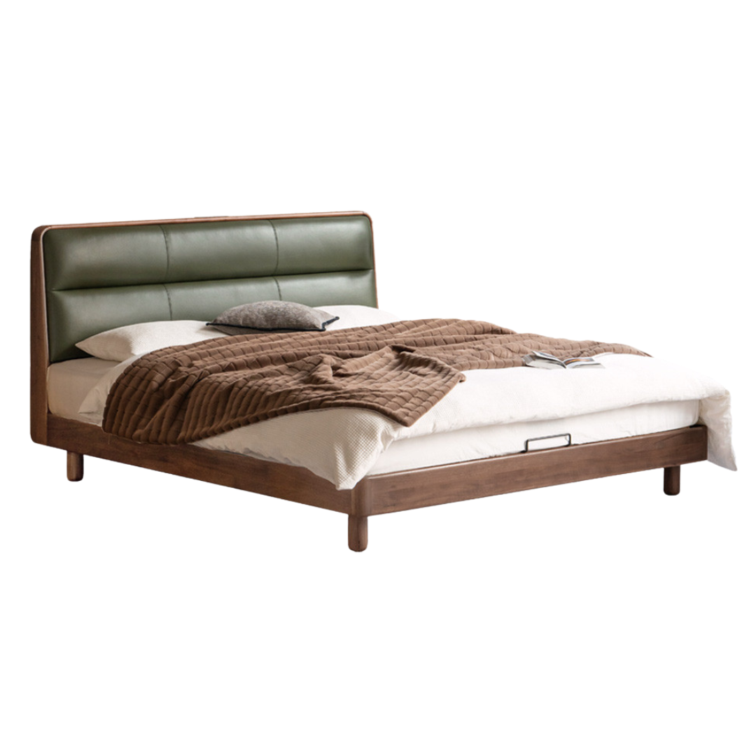 Black Walnut, Teak Solid Wood Luxury Genuine Leather Bed