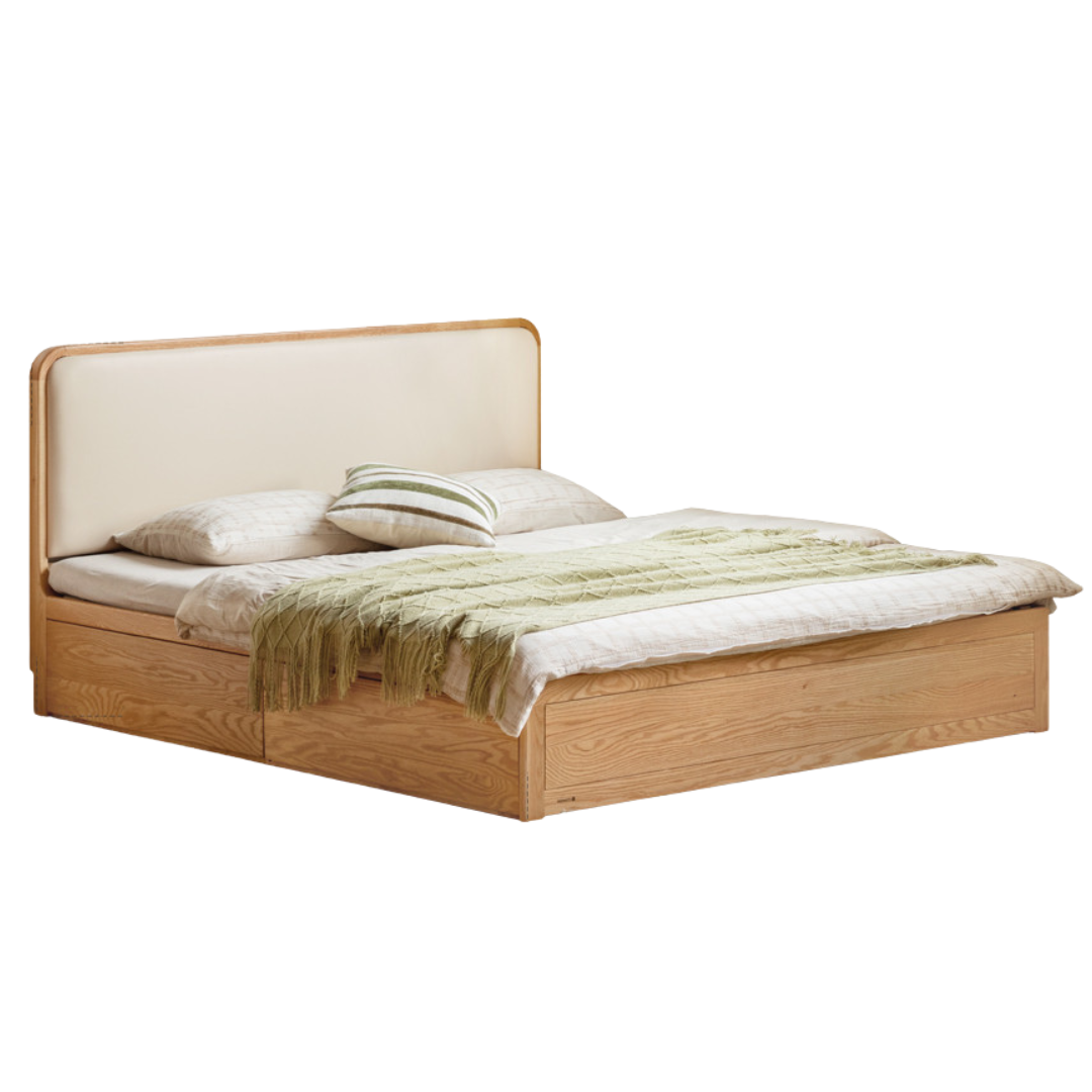Oak Solid Wood Genuine Leather,  Eco-leather Box Bed